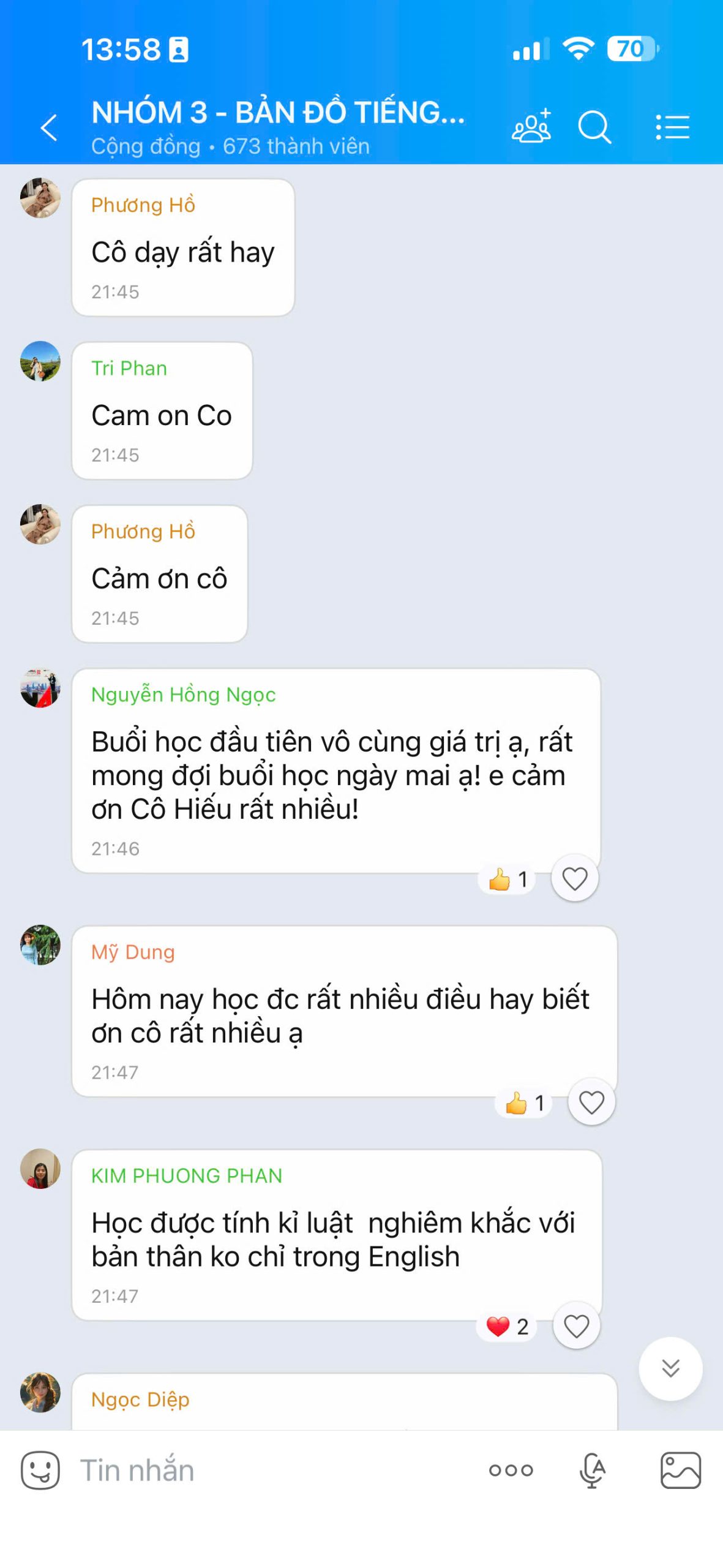 Tin nhắn chia sẻ từ học viên