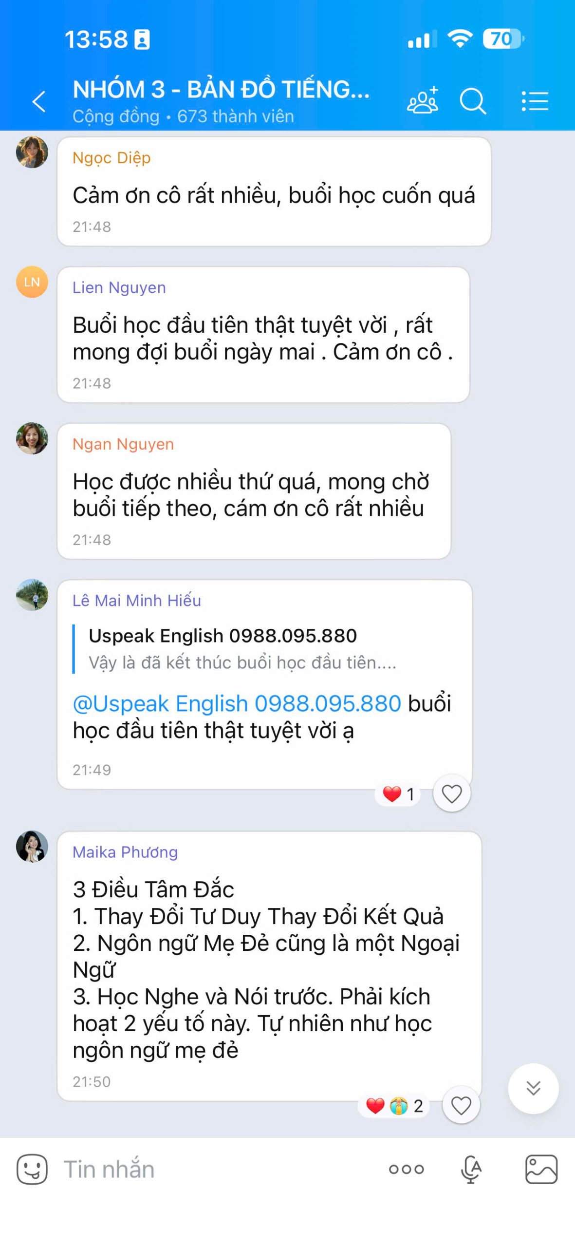 Tin nhắn chia sẻ từ học viên