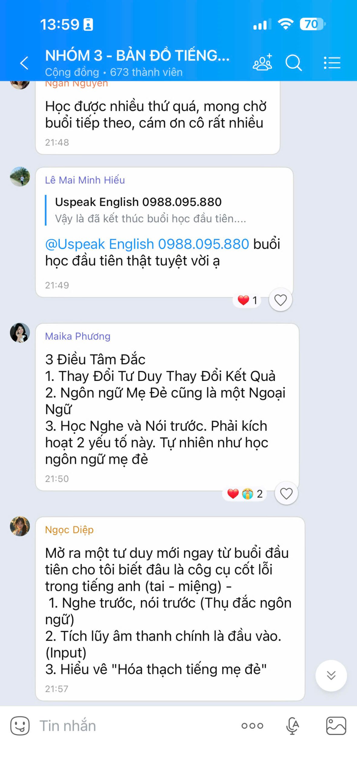 Tin nhắn chia sẻ từ học viên