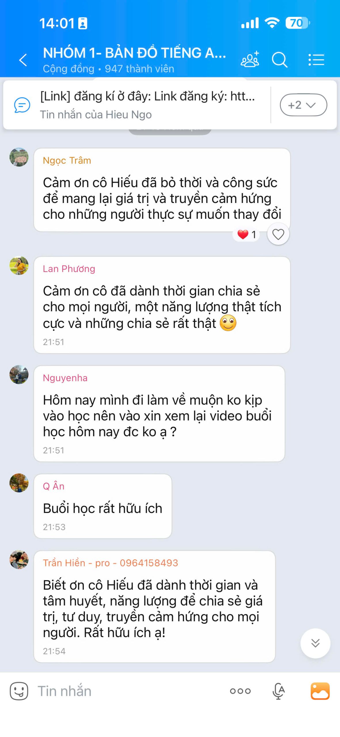 Tin nhắn chia sẻ từ học viên
